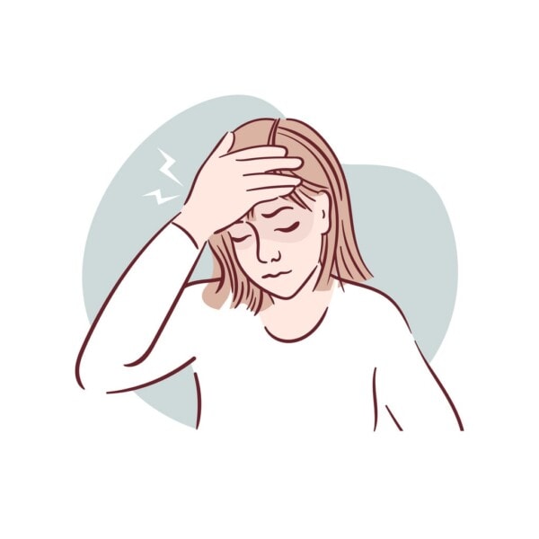 young woman having headache. a girl in glasses holds her temples, migraine. hand drawn vector illustration in sketch style. health problems. medical brochure template.